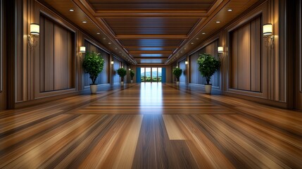 A luxurious wooden hallway with plants and large windows, creating an elegant atmosphere.