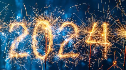 Golden and silver fireworks streaking across a midnight blue sky, with a glowing "2024" in the background.