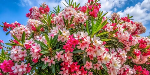 Aerial View Nerium Oleander Tree Blossom Pink White Red Flowers Bird's Eye Perspective