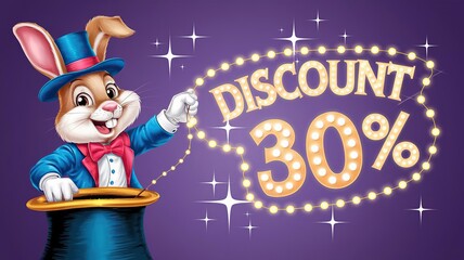 Fototapeta premium greeting card with smiling cartoon rabbit dressed as a magician, pulling a glowing “Discount 30%” banner