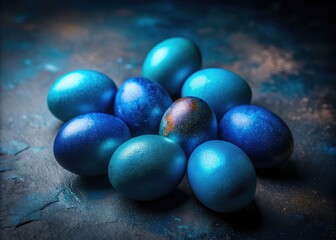Blue Easter Eggs Low Light Photography, Dark Moody Easter Background, Colorful Egg Photoshoot