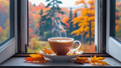 A serene and inviting scene featuring a steaming cup of tea or coffee, adorned with a few fallen autumn leaves, placed on a partially open window sill, overlooking a vibrant orange and yellow hued aut