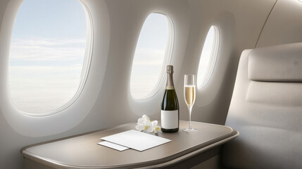 A champagne bottle and two glasses are on a table in front of an airplane window