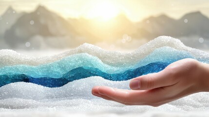 Fototapeta premium Hand Reaching Out to Expansive Layered Ice and Snow Landscape with Gentle Light Over Mountains at Dawn