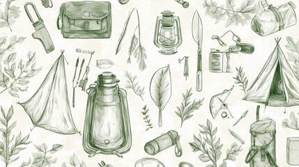 repeating camping motif, pen sketched outdoor elements, vintage camping supplies, detailed line illustrations, naturalist drawing style, survival equipment, wilderness gear pattern, organic swirls,
