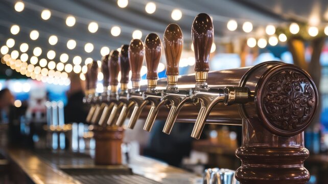 Elegant Beer Taps Gleam Under Festive Lights
