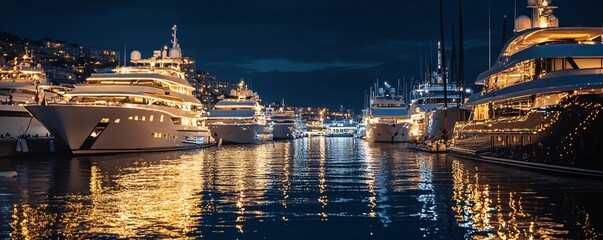 A dazzling marina in Monaco filled with luxury yachts and glowing lights