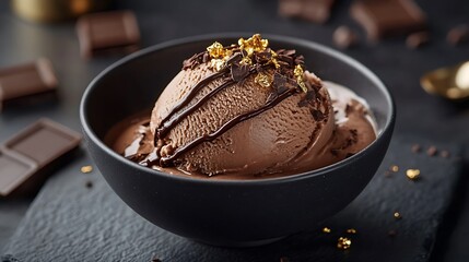 An elegant close-up of chocolate lava ice cream in a matte black bowl, molten chocolate flowing from the center, garnished with edible gold flakes and chocolate shavings,