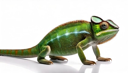 Fototapeta premium Chameleon standing on legs on white background and displaying vibrant colors, symbolizing transformation and flexibility