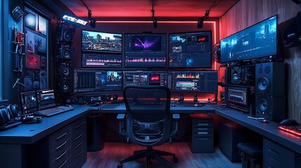 A busy video editor's desk with multiple monitors, video clips and timelines on the screens, a comfortable chair, RGB lighting accents, and neatly arranged professional editing tools. --ar 16:9