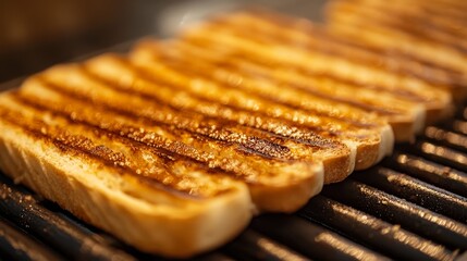 close-up shot toasted sandwich rolls, parallel grill lines, gradient caramelization, artisanal bread texture, culinary preparation, industrial grill surface, natural lighting, shallow depth of field