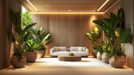 Fototapeta premium 3D rendering of a modern interior design and a beige floor.