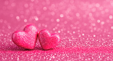 Fototapeta premium Two soft pink glitter Hearts on white Glitter on Shiny Background - Valentine's Day Concept. With copy space.