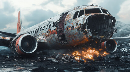 Crashed airplane wreckage with fire on rocky terrain