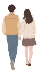 young couple walks hand in hand, enjoying moment together. man wears casual jacket and jeans, while woman is dressed in cozy sweater and skirt,radiating warmth and connection on plain white background