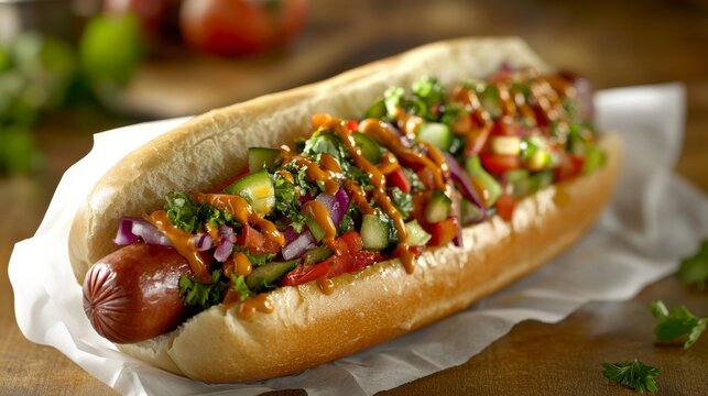 urban food scene, premium jumbo hot dog, artisanal bread roll, succulent meat, decorative condiment drizzle, fresh vegetable toppings, wrapped in white paper, soft focus background, warm indoor