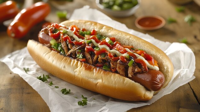 urban food scene, premium jumbo hot dog, artisanal bread roll, succulent meat, decorative condiment drizzle, fresh vegetable toppings, wrapped in white paper, soft focus background, warm indoor