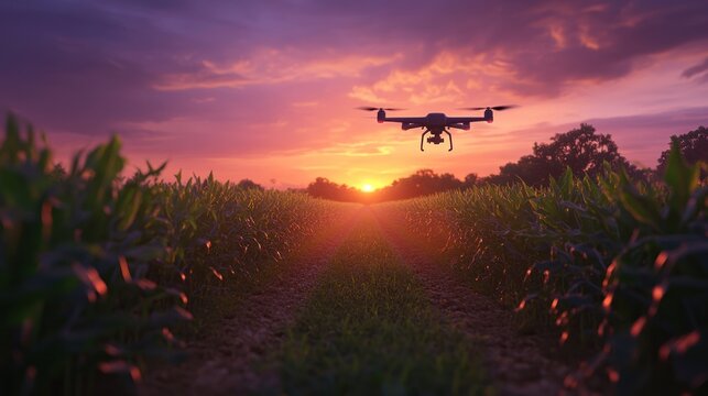 Drone flying over cornfield at sunset.