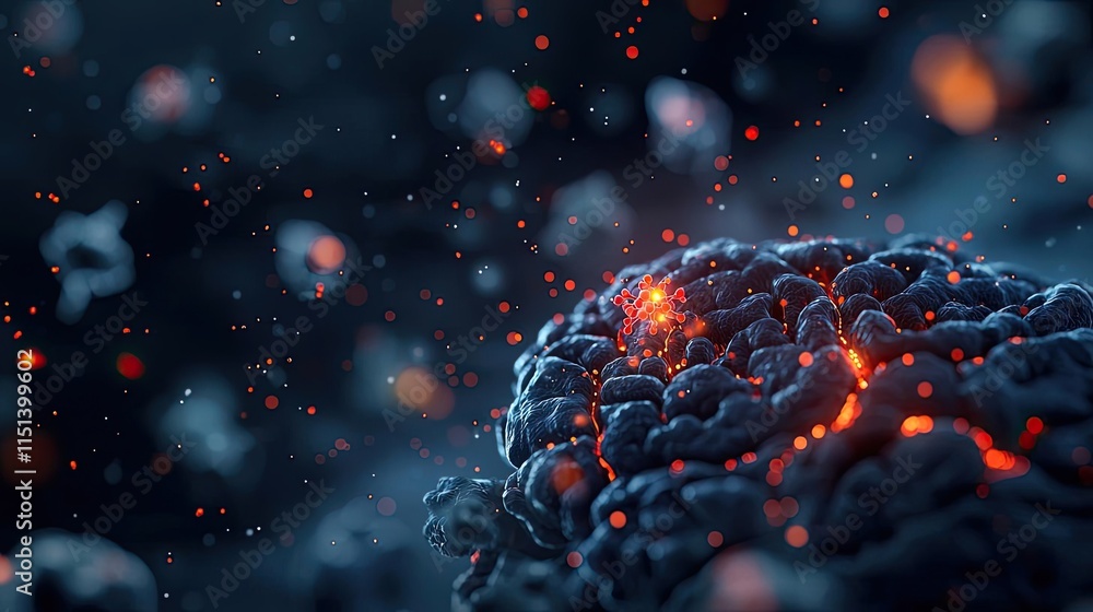 Poster Epilepsy disease concept. A captivating close-up of an abstract structure resembling a brain with glowing elements.