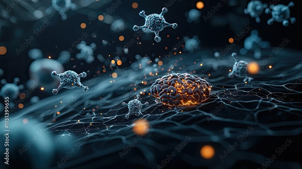 Poster Epilepsy disease concept. An intricate visualization of cells and microorganisms in a dynamic environment.