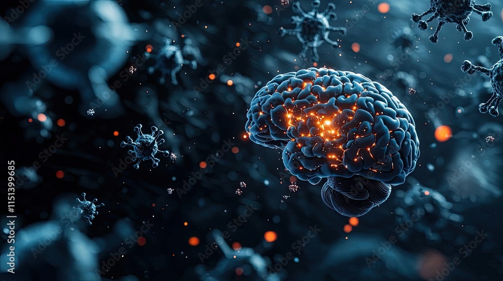 Poster epilepsy disease concept. abstract illustration of a brain interacting with viruses in a digital env