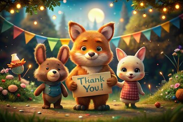 Fototapeta premium Cute Animals Thank You Aerial Photo - Fox, Bear, Bunny, Festive Bunting, Gratitude