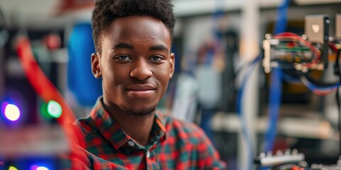 Fototapeta premium A young man smiles confidently while working in a tech environment filled with colorful lights and equipment.