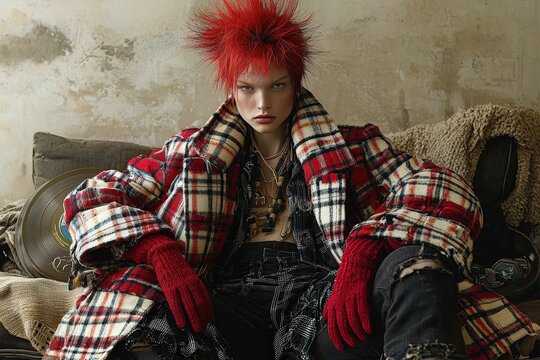 Edgy red-haired model in plaid coat exuding punk vibes in grunge setting