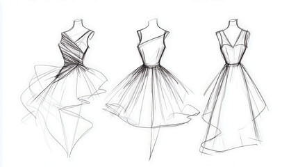Elegant fashion sketches of three unique dress designs