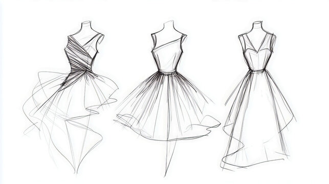 Elegant fashion sketches of three unique dress designs
