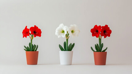 Colorful arrangement of red and white amaryllis flowers in pots