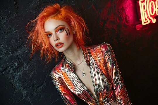 Futuristic fashion portrait with neon style and vibrant orange hair