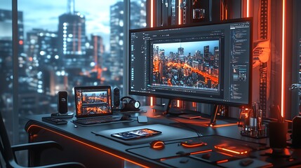 A clutter-free workspace featuring dual 4K monitors, a tablet running a photo editing program, a smartphone on a charging pad,