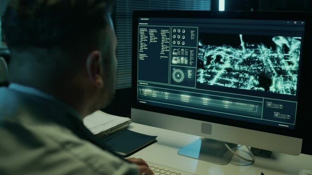 Rear closeup of male military intelligence agent in uniform sitting at desk in command center, operating satellite surveillance system, typing commands and zooming in on city area, detecting threat