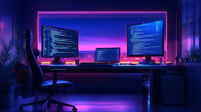 A coding workspace with two monitors, one showing Python scripting and the other terminal outputs, an advanced ergonomic chair, clean desk accessories,