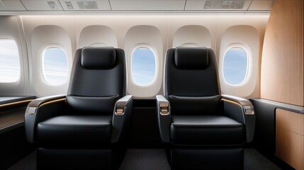 Two black leather chairs with a wooden frame