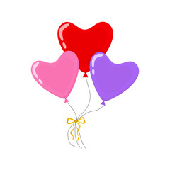 Colorful heart-shaped balloons in three vibrant hues floating together
