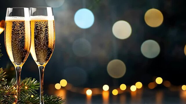 Two champagne flutes with sparkling beverage on a festive background.