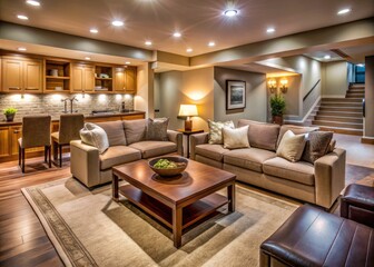 Fototapeta premium Drone View: Cozy Basement Retreat - Elegant Lighting & Design
