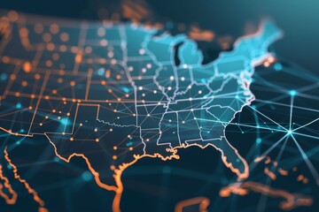 Digital representation of American telecommunications landscape featuring luminous network nodes and connection lines illustrating nationwide information exchange and technological advancement