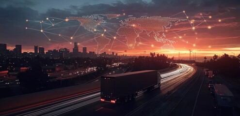 Sunset highway with digital world map overlay and truck in motion
