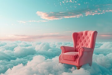 Pink armchair floating on fluffy clouds under a blue sky with soft clouds