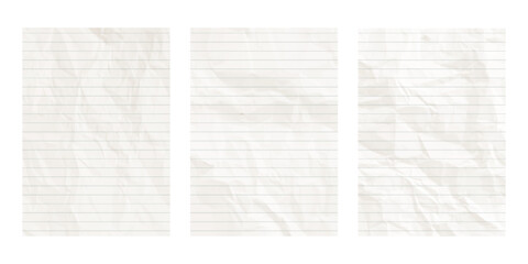 Lined sheets of white paper. Blank crumpled pages of a school notebook. Background paper texture