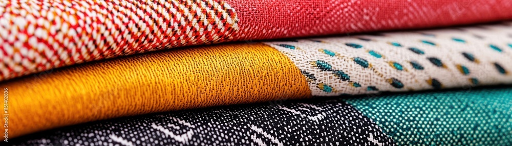 Poster a vibrant stack of textured fabrics showcasing various colors and patterns, perfect for textile desi