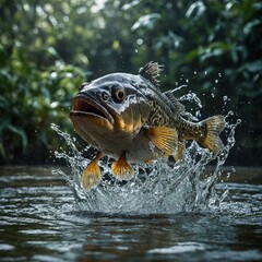 Obraz premium A piranha leaping out of the water in the middle of a crystal-clear Amazon stream.