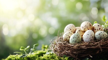 Fototapeta premium Speckled Easter eggs nestled in a springtime bird nest