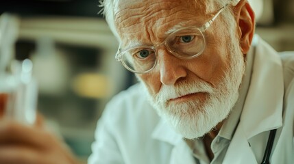 Elderly male scientist with glasses examining a sample in a laboratory setting