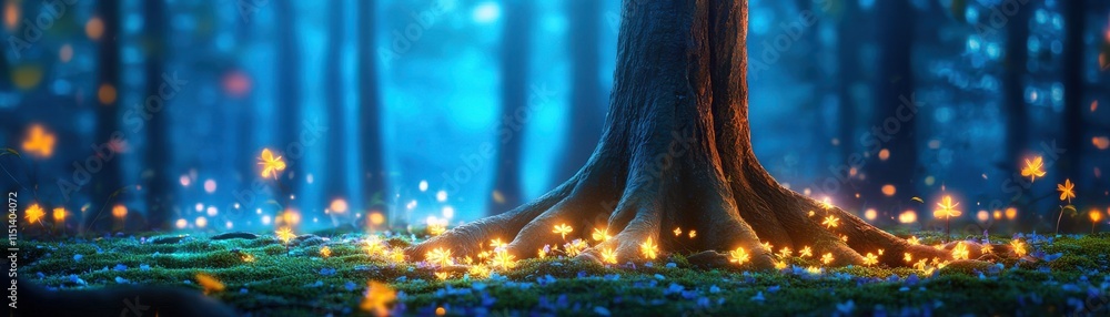 Poster a magical forest scene illuminated by glowing lights around a tree, creating a serene and enchanting