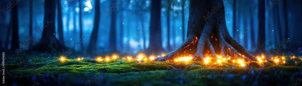 Poster a serene forest scene illuminated by glowing lights near tree roots, creating a magical and tranquil