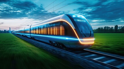 Naklejka premium A futuristic train glides through a lush landscape at twilight, illuminated by vibrant lights, showcasing modern technology and transportation innovation.